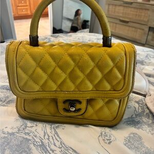 CHANEL Quilted Leather Top Handle Satchel in Mustard